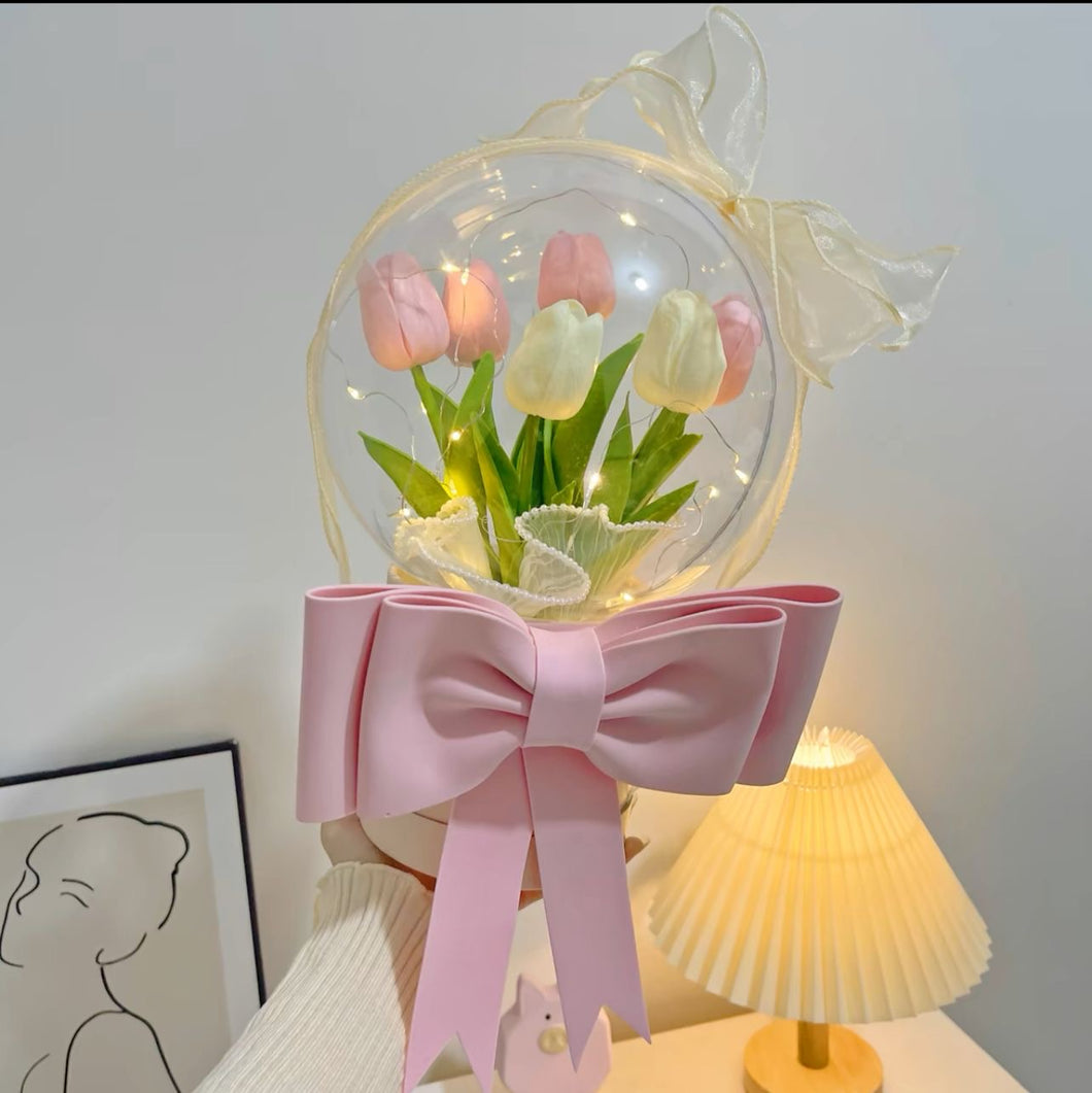 Pink Artificial Tulip in Ball box with LED