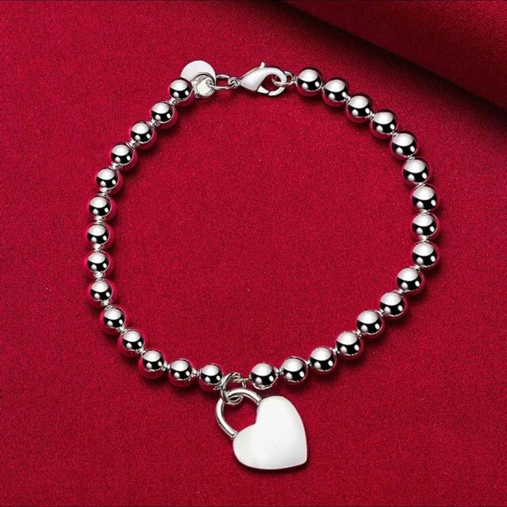 925 Silver Plated Heart Beads Bracelet