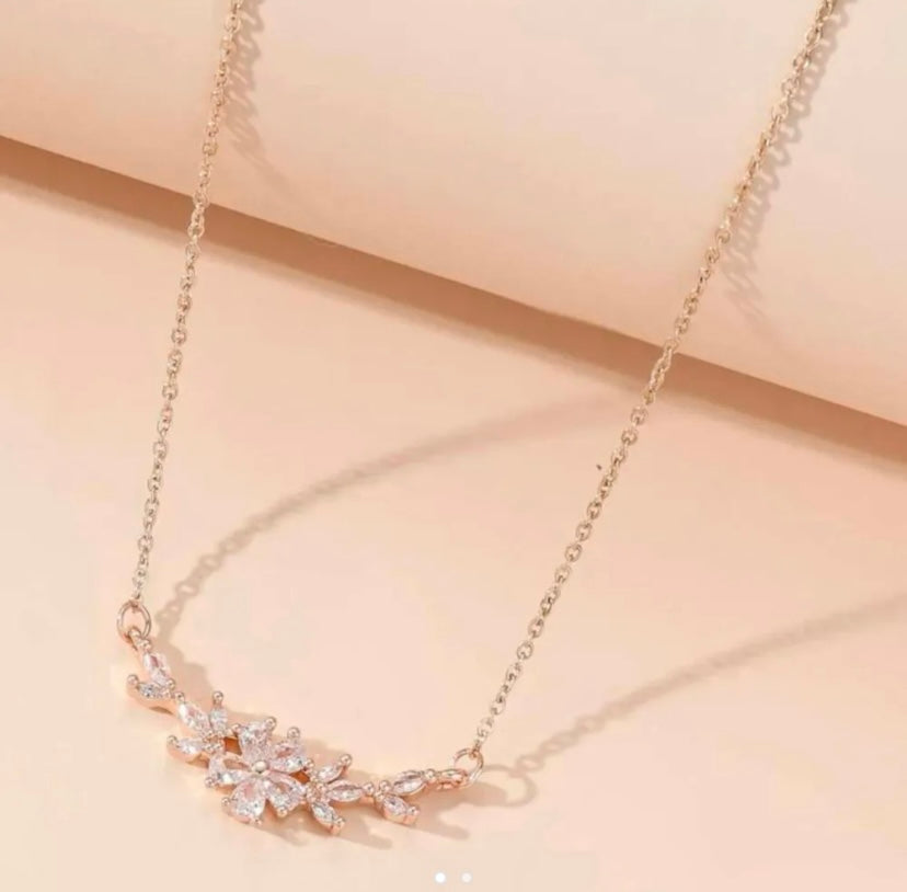 Rose Gold Flower Cubic Zorconia Necklace